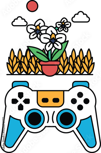 The controller is placed on a grassy field, and the flower is in a pot
