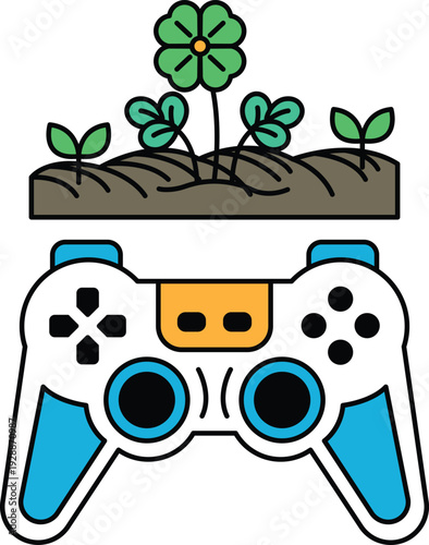 A black and white image of a video game controller with a flower on top of it