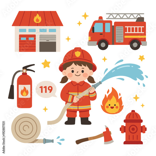 Cute Little Girl Firefighter Character With Rescue Equipment