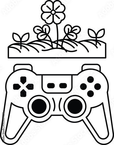 A black and white image of a video game controller with a flower on top of it