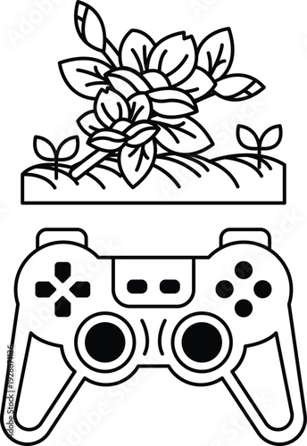 A black and white drawing of a video game controller and a flower
