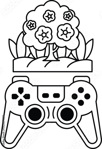 A black and white drawing of a video game controller with a tree