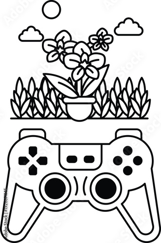 The controller is placed on a grassy field, and the flower is in a pot
