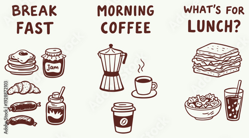 Hand drawn breakfast, coffee, and lunch doodle illustration with pancakes, jam, croissant, moka pot, sandwich, salad, and drinks. Sketch style food graphic for cafe menu, restaurant branding, and pack