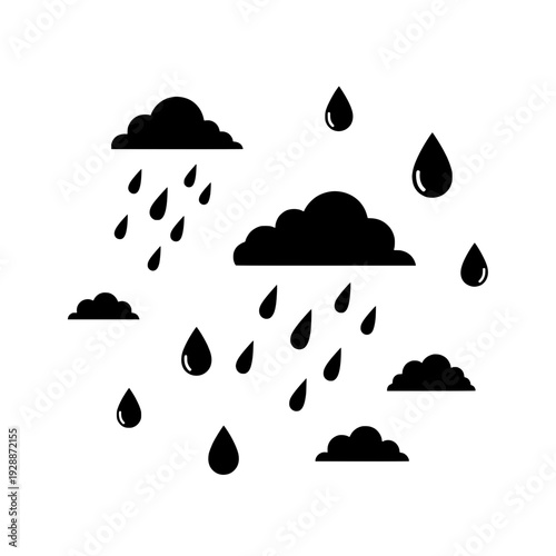 Rainy weather illustration featuring clouds and raindrops in various formations overhead view