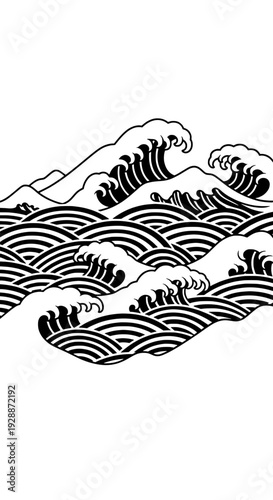 Waves crashing against the shore, serene ocean landscape illustration, viewed from the side