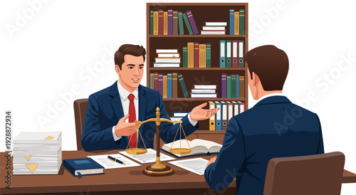 Professional vector illustration of two businessmen consulting at desk with scale and papers