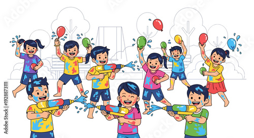 Energetic Kids Playing With Water Guns