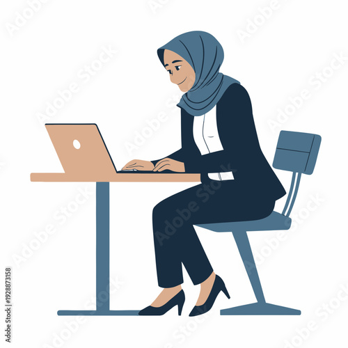 Flat vector illustration of a woman in a hijab working on a laptop at a desk, symbolizing remote work and modern professional life