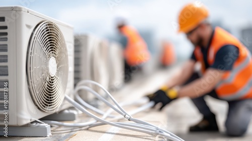 Skilled technician is installing air conditioning unit on rooftop, with focus on equipment and safety gear, showcasing professional HVAC work