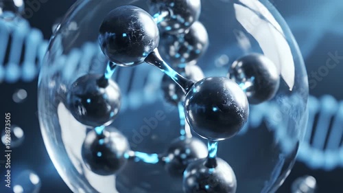 A molecular structure encased in a translucent sphere with a DNA strand in the background