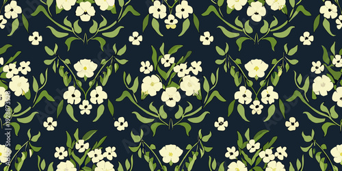 Seamless floral pattern with white dogwood blossoms and green foliage