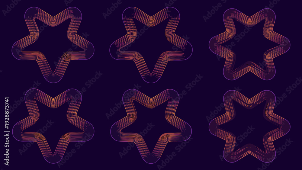 Obraz premium Abstract arrangement of six glowing orange and purple star shapes