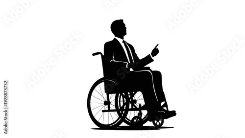 Businessman in a wheelchair looking up with his finger pointing, symbolizing ambition and success