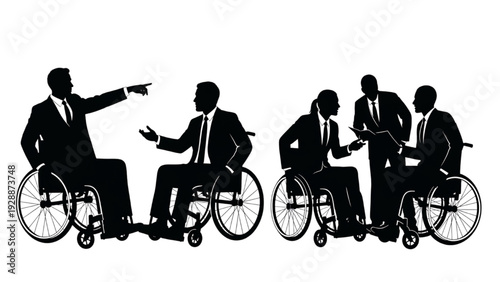 Silhouettes of Diverse Business Professionals in Wheelchairs Collaborating in a Professional Setting