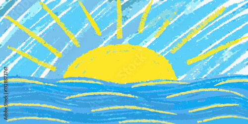 A childlike drawing of a bright sun rising over wavy blue water
