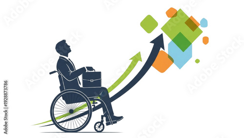 Inclusive Business Success Man in Wheelchair Rising to New Heights with Growth Arrow