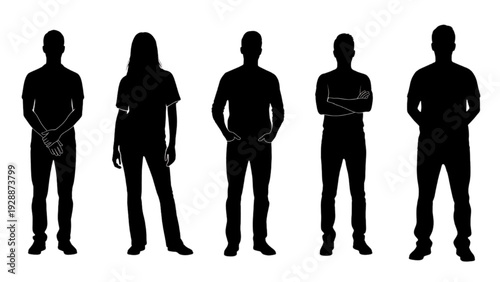 Silhouette figures of five people standing in a row against a white background
