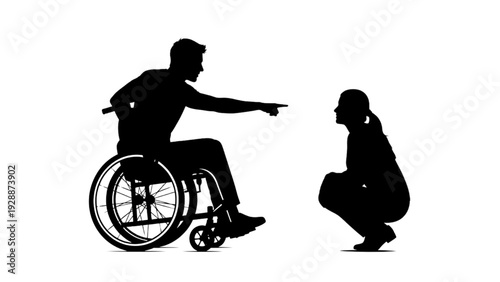 Man in wheelchair pointing at woman crouching isolated on white background
