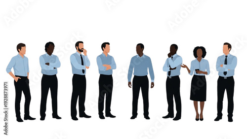 Diverse group of professionals discussing ideas, standing together in a modern setting