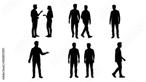 Silhouettes of people in different poses and actions on a white background