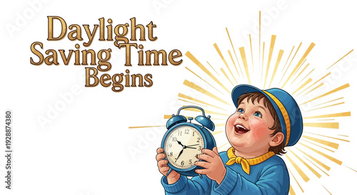 A cheerful cartoon character in a blue uniform holding an alarm clock with yellow rays emanating from it, illustrating Daylight Saving Time begins in a colorful and playful design.