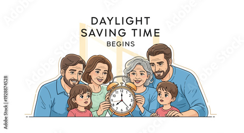 Illustration of a happy family adjusting their clock together to mark daylight saving time begins in America.