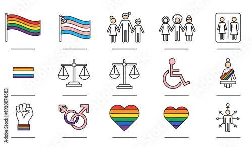Diversity Equality and LGBT Pride Concept Line Icons Collection with Gender Identity and Equal Opportunity Symbols Vector Design