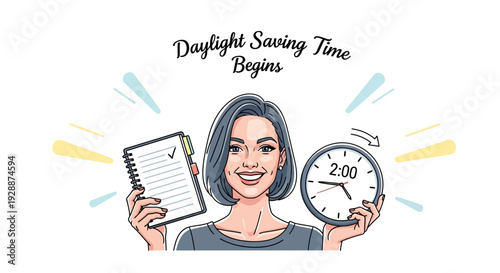 Illustration of a smiling woman holding a notepad and clock, symbolizing daylight saving time begins in America.