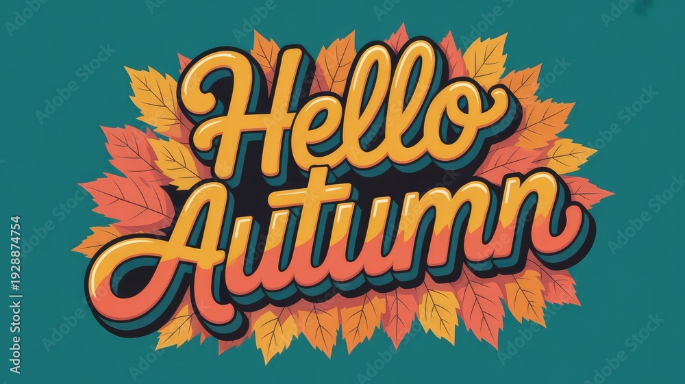 Obraz premium Cheerful Hello Autumn graphic with retro lettering and colorful fall leaves on a teal background