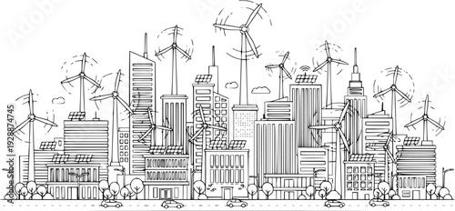 Smart city eco-friendly landscape line art, green energy vector.