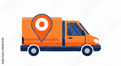 Delivery truck with location pin illustration, flat vector shipping icon.