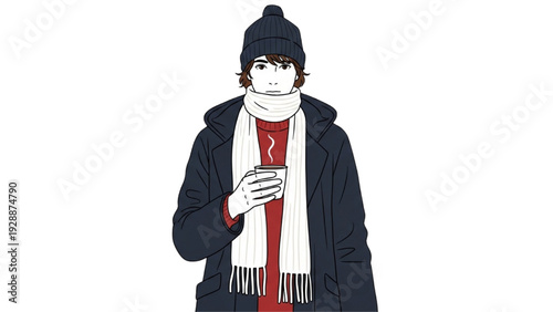 Man in Winter Clothing Holding a Hot Drink in a White Scarf and Beanie