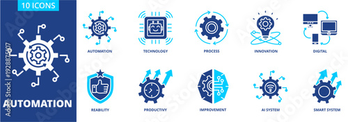 AUTOMATION icon collection set. Containing Automation, Technology, process, innovation, digital, reability, productivity, improvement, AI system, smart system. dual tone vector.