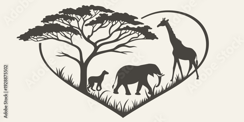Heartfelt safari scene with giraffe, elephant, and tree