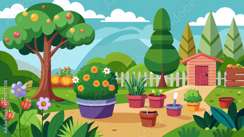 Vibrant garden scene with potted plants and shed in background