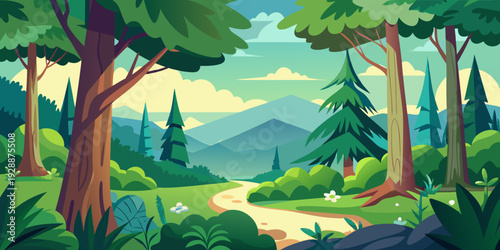 Serene forest landscape with winding road and majestic mountains