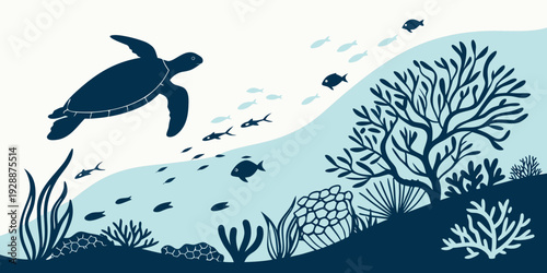 Sea turtle swimming with fish near coral reef underwater