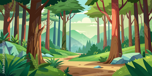 Serene forest landscape with winding dirt path through tall trees