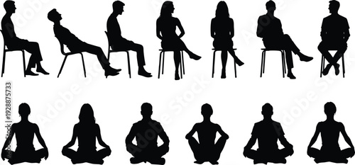 People Sitting and Meditating Silhouettes Collection Isolated on White Background, Human Figures in Chair and Lotus Pose Vector Set