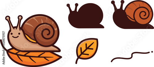Cute Snail Character on Autumn Leaf Vector Illustration Set with Snail Silhouettes Garden Mollusk and Fall Foliage Design Elements
