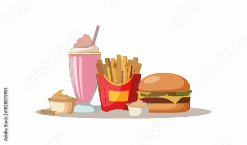 Modern fast food vector set with burger, fries, milkshake, and sauce for restaurant menu and branding