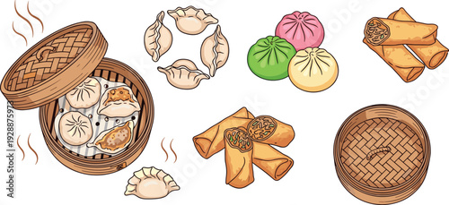 Dim Sum and Asian Appetizers Vector Illustration Set with Bamboo Steamers Dumplings Gyoza Spring Rolls and Bao Buns Traditional Chinese Cuisine Design Elements