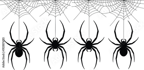 Black Spider Silhouettes with Hanging Webs Isolated on White Background Halloween Horror Vector Illustration Collection Set