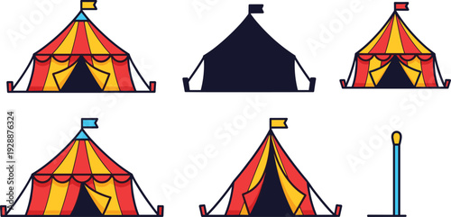 Circus and Carnival Tent Vector Illustration Set with Red and Yellow Striped Big Top Designs Silhouettes and Decorative Flag Banners