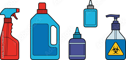 Cleaning and Chemical Products Vector Illustration Set with Spray Bottle Detergent Jug Hand Sanitizer Disinfectant Liquid and Biohazard Warning Symbols