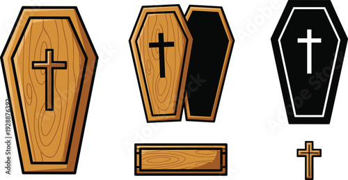 Wooden Coffin and Funeral Vector Illustration Set with Christian Cross Symbol Casket Silhouettes and Traditional Burial Design Elements