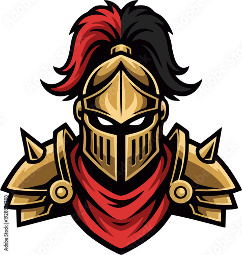 Golden Knight Mascot Logo with Red Scarf and Two-Tone Plume (Red and Black), Vector Armor Emblem