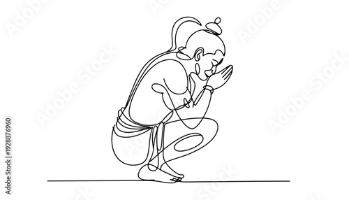 One continuous line illustration of an  Hanuman, isolated on white background.