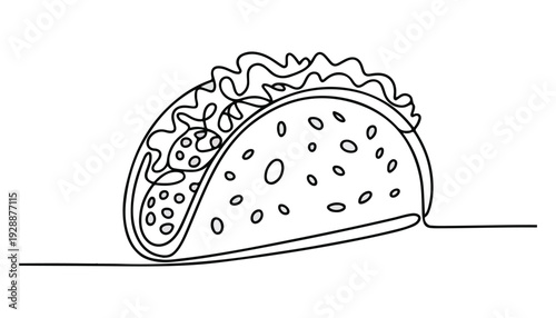 One continuous line illustration of an tacos , isolated on white background.